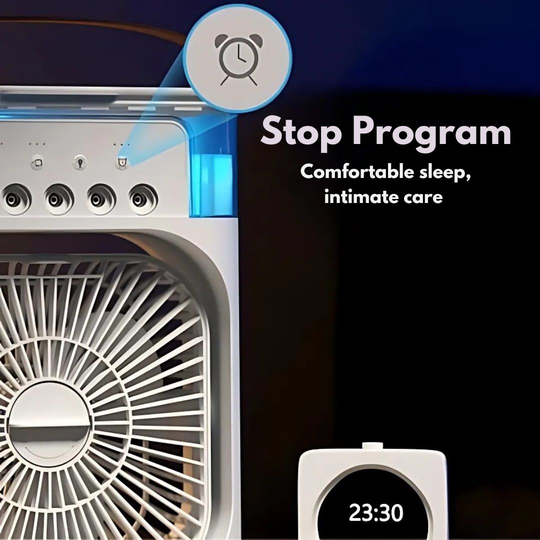 Unisex portable 3-in-1 cooling device with air humidification for small spaces.