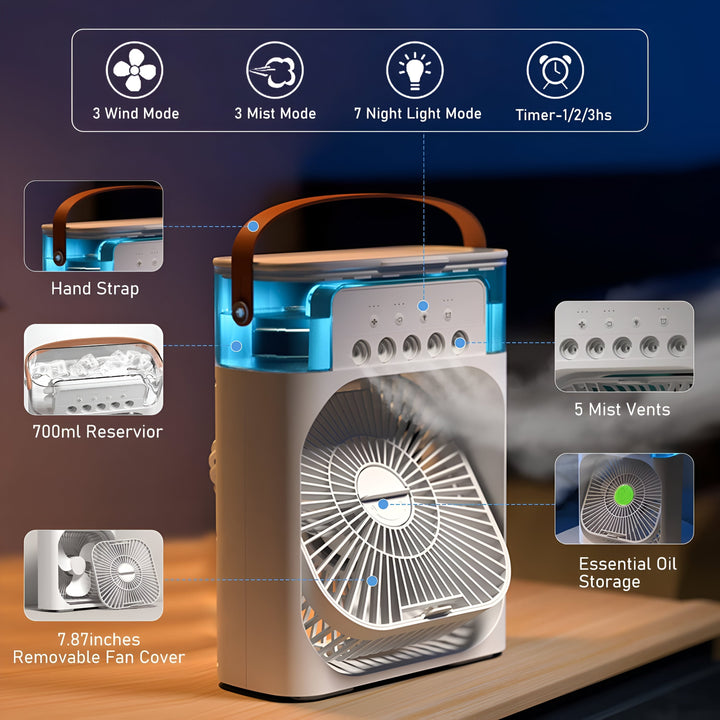Efficient 3-in-1 portable air cooler & humidifier for personal comfort.