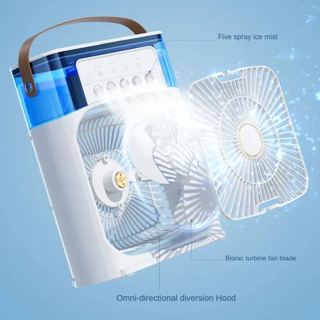 Small portable 3-in-1 air cooler, fan, and humidifier for any desk.