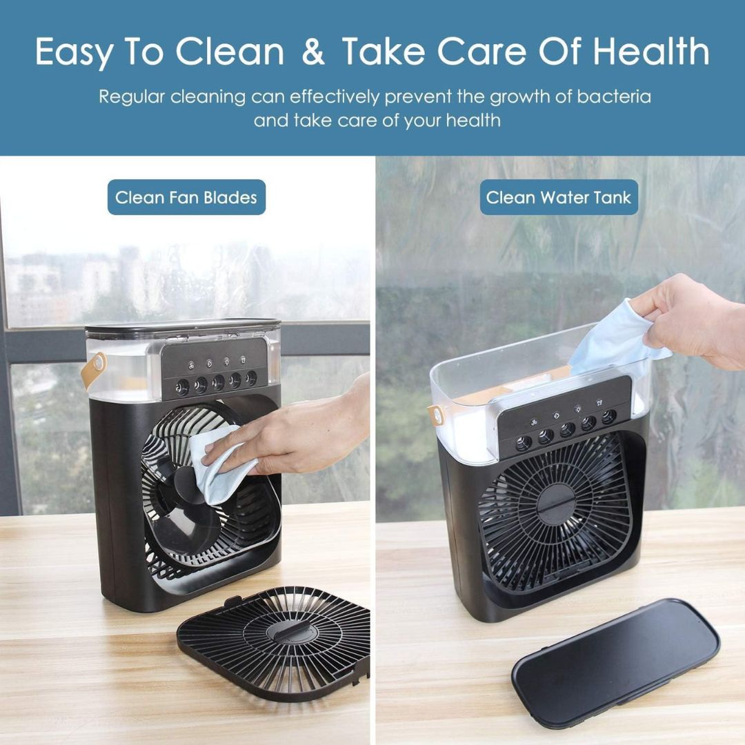 Versatile portable cooling device, humidifier, and air purifier for personal use.
