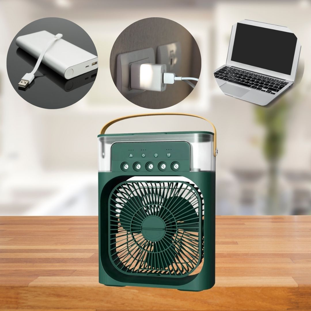 Sleek portable desktop air cooler with built-in humidifier and fan.