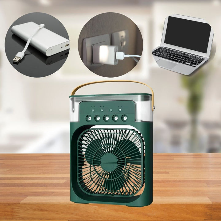 Sleek portable desktop air cooler with built-in humidifier and fan.