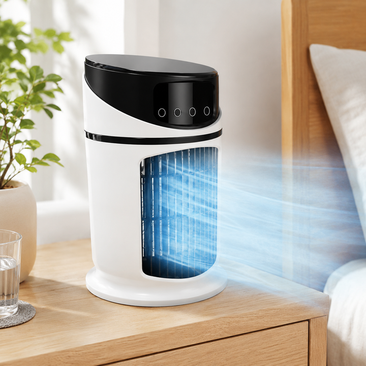 Portable 4-in-1 mist cooling fan with LED light for home or office comfort.