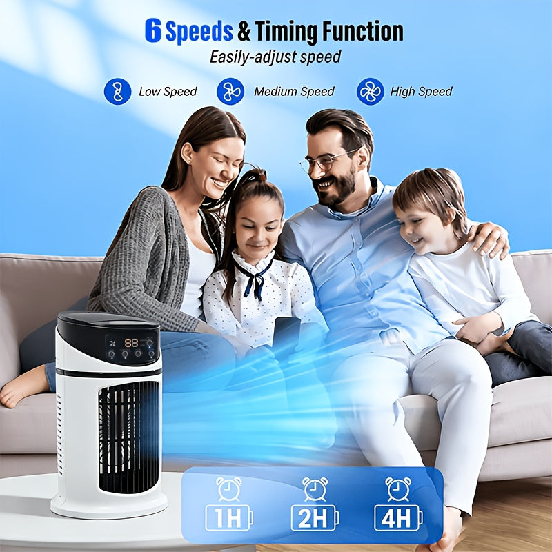Compact 4-in-1 portable mist fan, humidifier, and LED light for efficient personal cooling.