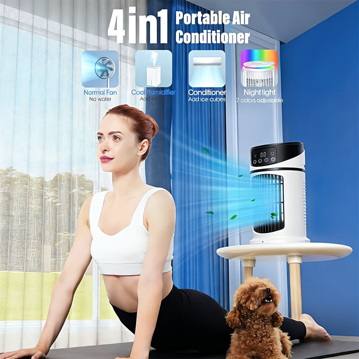 Sleek portable misting fan with integrated LED light & humidifier for modern home cooling.