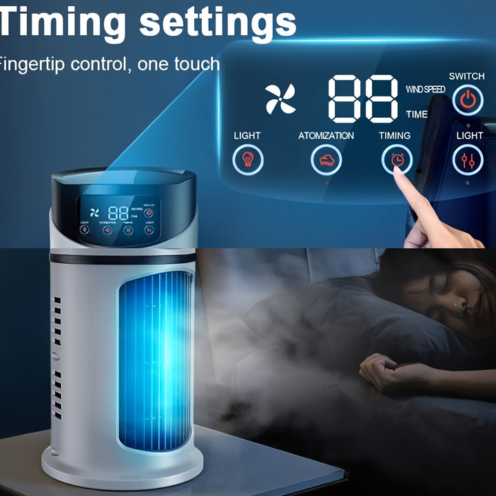 Bedroom or office portable mist fan, air cooler & humidifier with LED mood light.