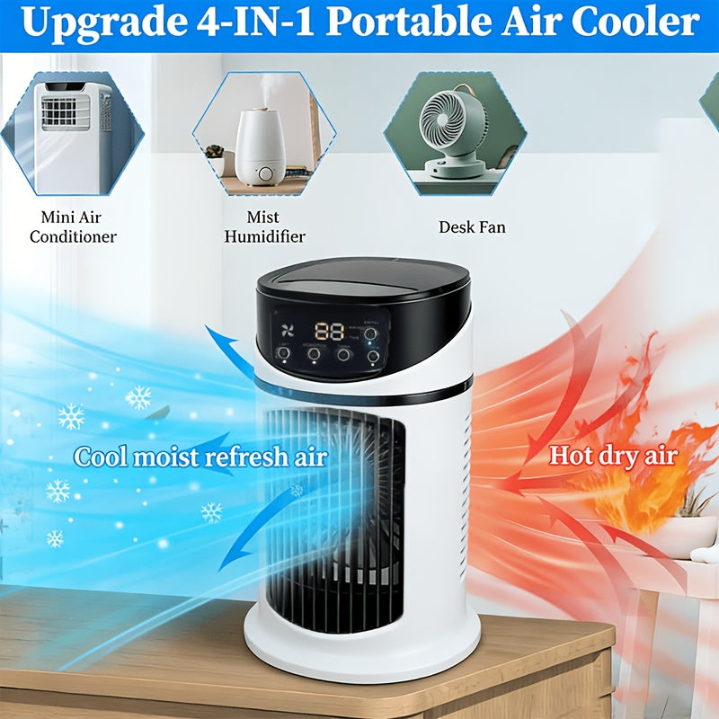 Versatile 4-in-1 portable fan: cooling, mist, LED light, humidifier for any room.