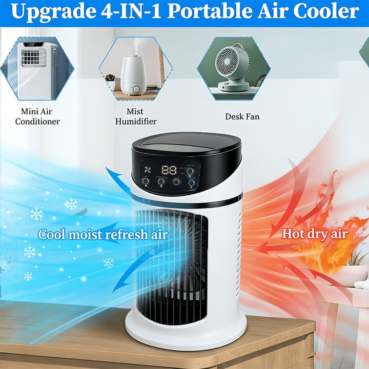 Versatile 4-in-1 portable fan: cooling, mist, LED light, humidifier for any room.