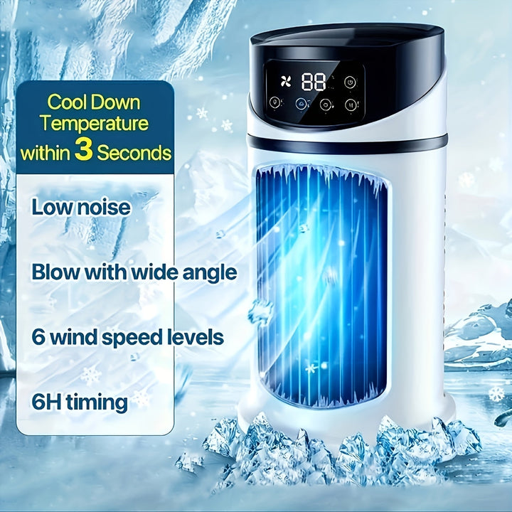 USB-powered portable mist fan with soft LED light; a quiet personal cooler.