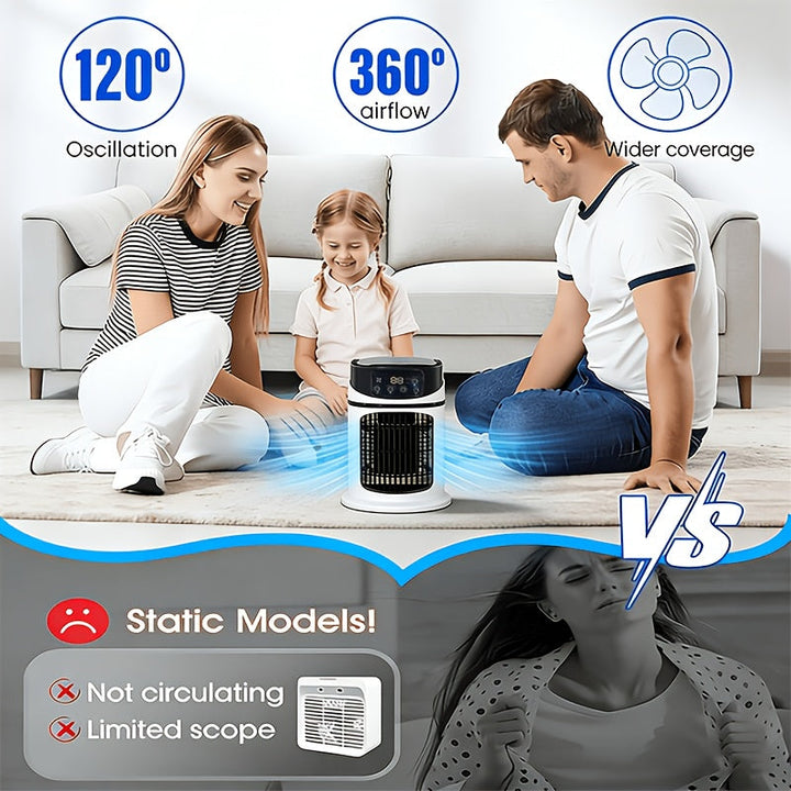 Multi-functional portable cooling fan, mist humidifier, and ambient LED light.