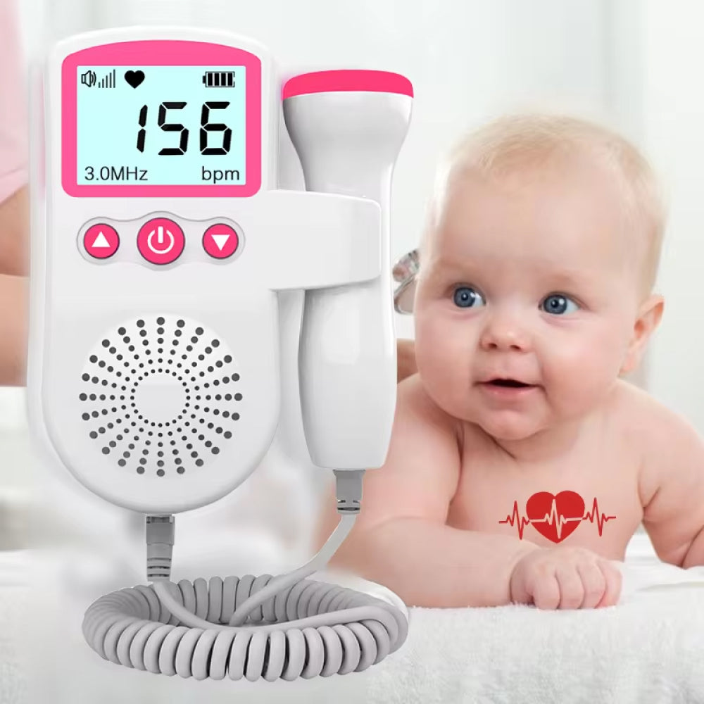 Accurate fetal doppler monitor for prenatal care, showing display & easy buttons for home baby health checks.