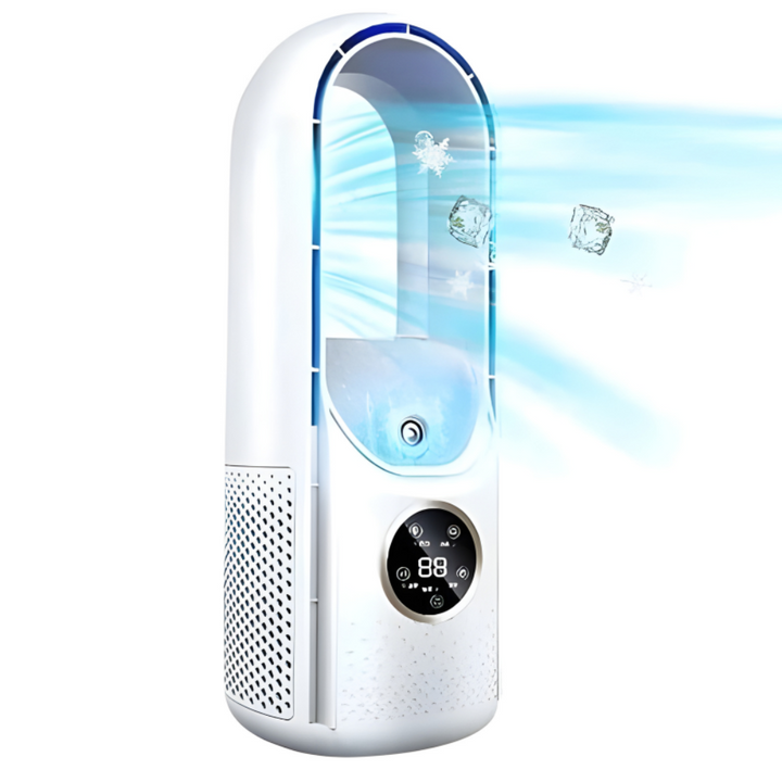 Sleek bladeless design of a quiet portable air conditioner, ideal for personal indoor climate control.