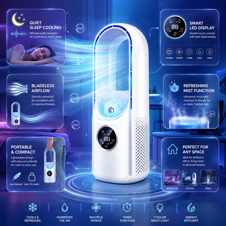 All-season personal bladeless cooler & room heater. A compact, quiet home appliance for comfort.