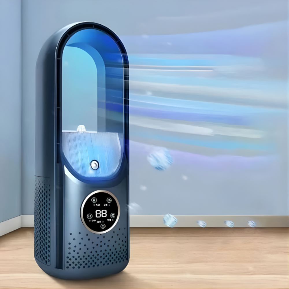 Bladeless compact air conditioner with easy controls for personal, quiet, all-season home comfort.