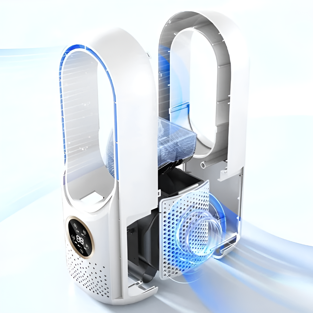 Compact personal cooling unit, bladeless design, perfect mini AC for home office desktop