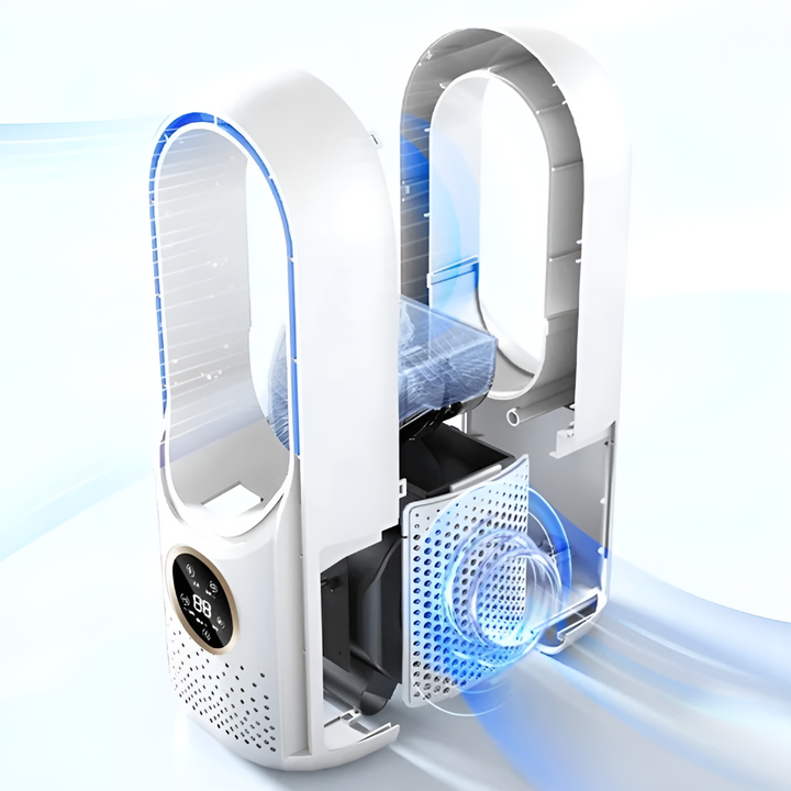 Compact personal cooling unit, bladeless design, perfect mini AC for home office desktop