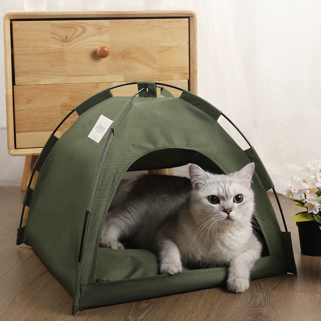 Portable Cat's Cooling Comfort Tent with breathable fabric for indoor/outdoor use. Ideal pet hideaway.