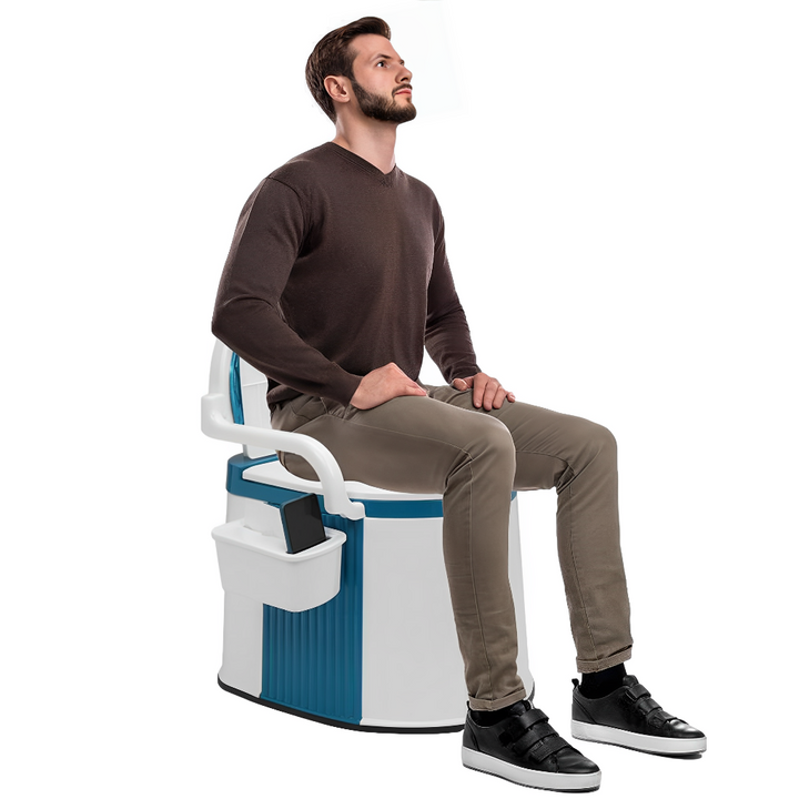Portable commode toilet for adults, durable elderly care mobility aid for indoor use with seat.