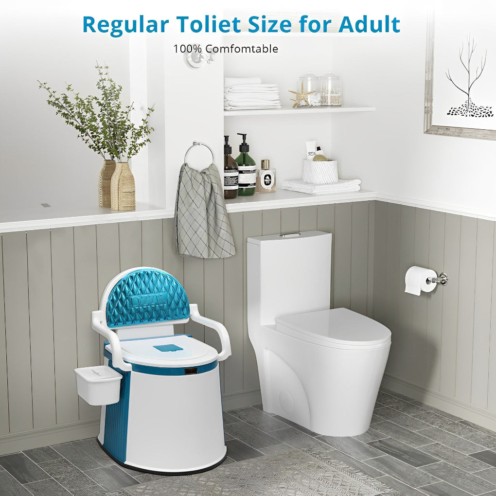 Side view of portable commode toilet an essential mobility aid for adults, camping, or travel.