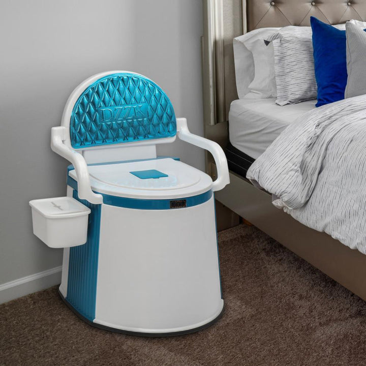 Portable commode toilet with lid closed, a discreet and durable hygiene solution for elderly care.