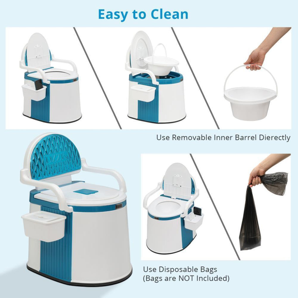 Portable commode, an essential elderly care and camping toilet. Sturdy, adult-friendly design.