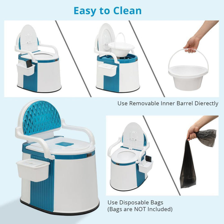 Portable commode, an essential elderly care and camping toilet. Sturdy, adult-friendly design.