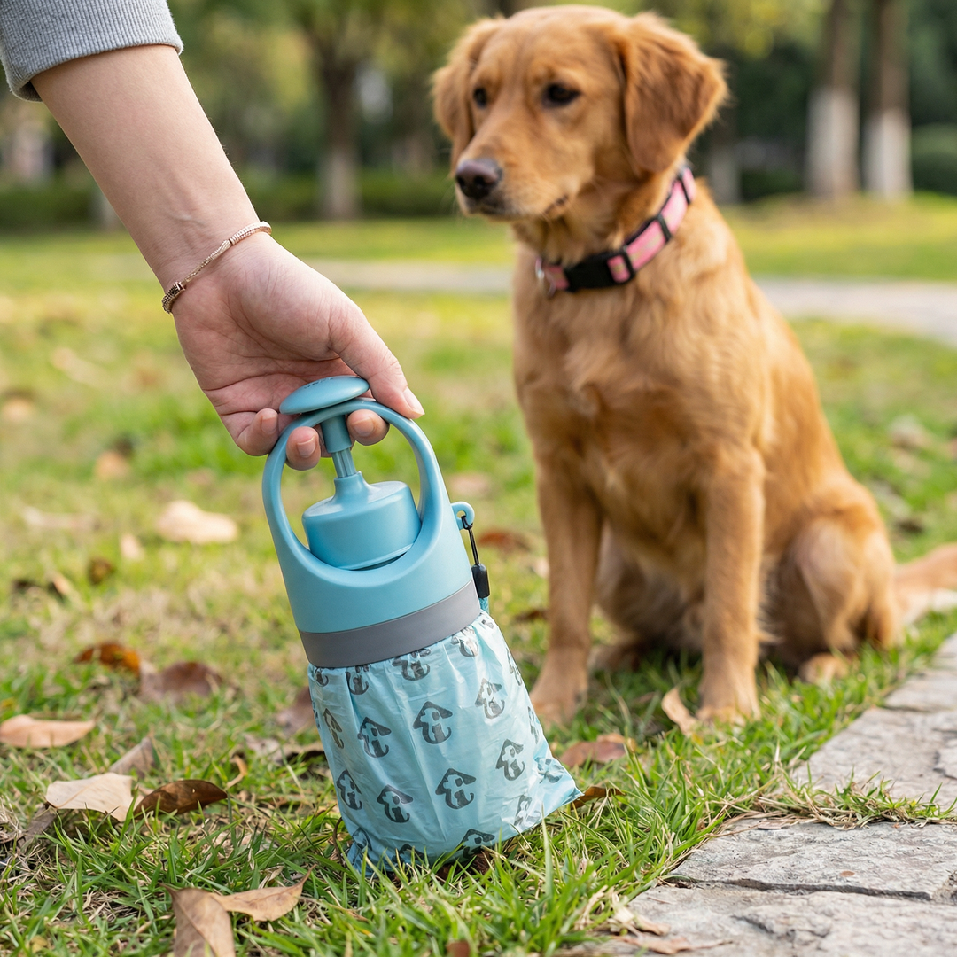 Portable dog poop scooper with integrated bag dispenser, essential for hygienic outdoor pet waste management.