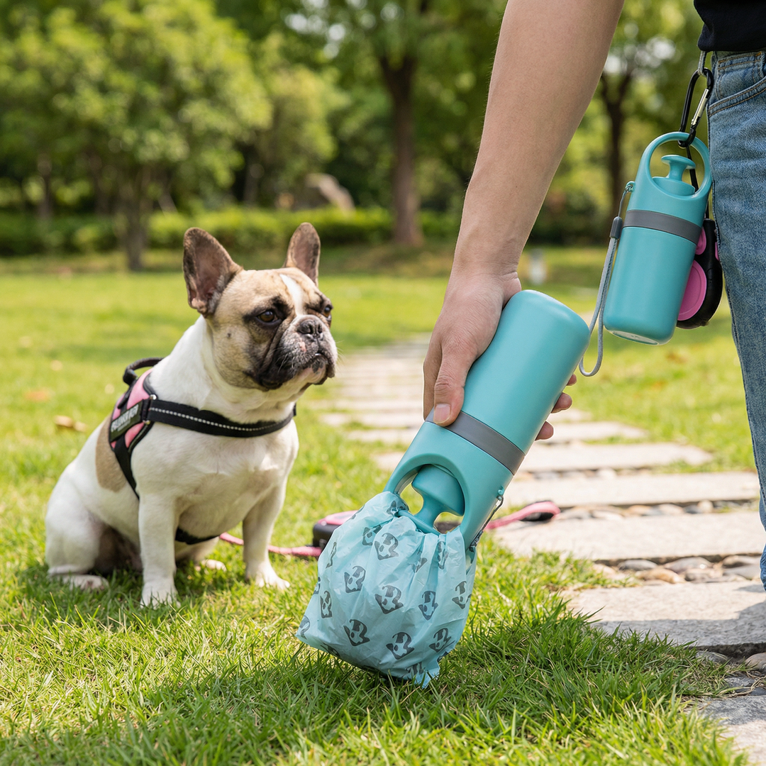 Hands-free portable dog poop scooper for quick, clean pet waste cleanup during walks. Includes starter bags.