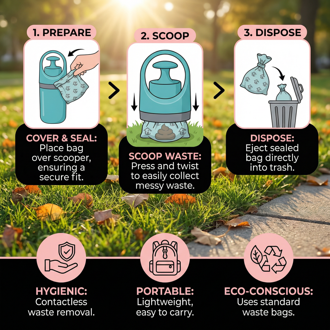 Hygienic portable dog poop scooper with refillable bag compartment for easy outdoor pet waste removal and care.