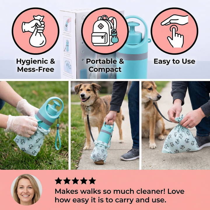 Compact portable dog poop scooper, a dog walking essential for hands-free outdoor pet waste cleanup with bags.