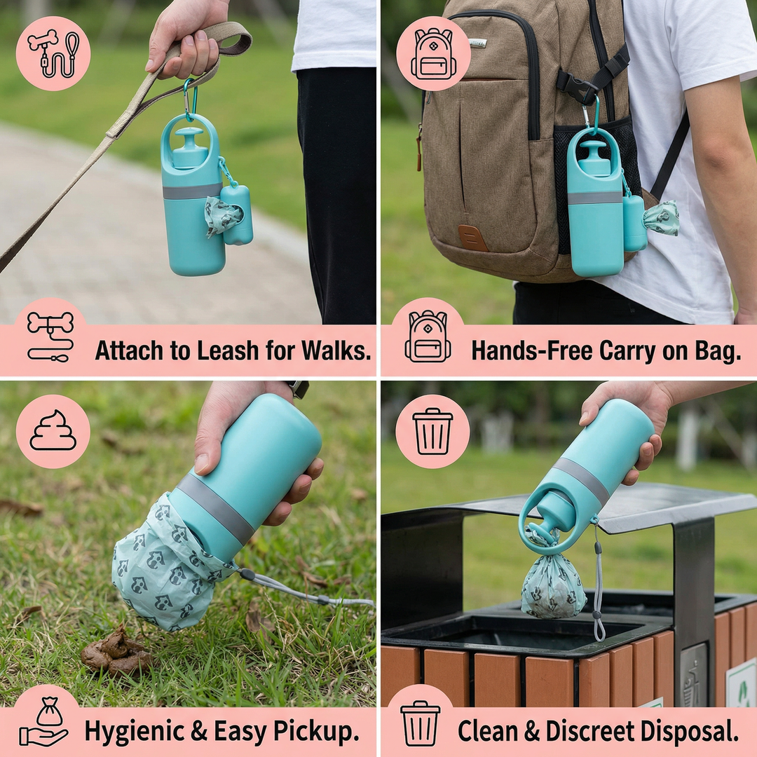 Durable portable dog poop scooper and dispenser, perfect for hygienic and convenient pet waste management outdoors.