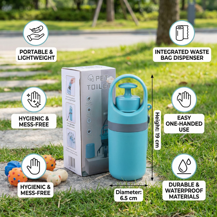 Portable dog poop scooper kit with waste bags, making outdoor pet cleanup simple, sanitary, and hands-free.