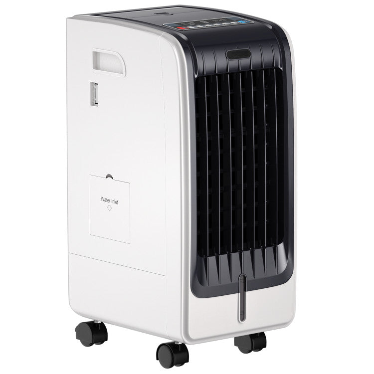 Portable evaporative air cooler with remote control, 3-speed fan for personal cooling & summer relief.
