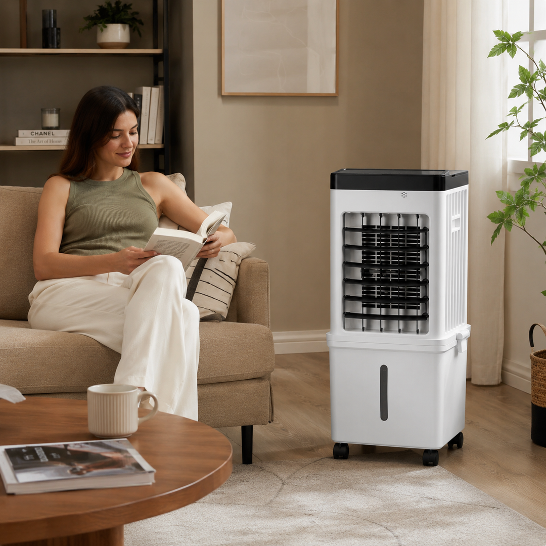 Portable evaporative cooler with 12-hour timer, ideal for home & office. Provides personal cooling & air humidification.