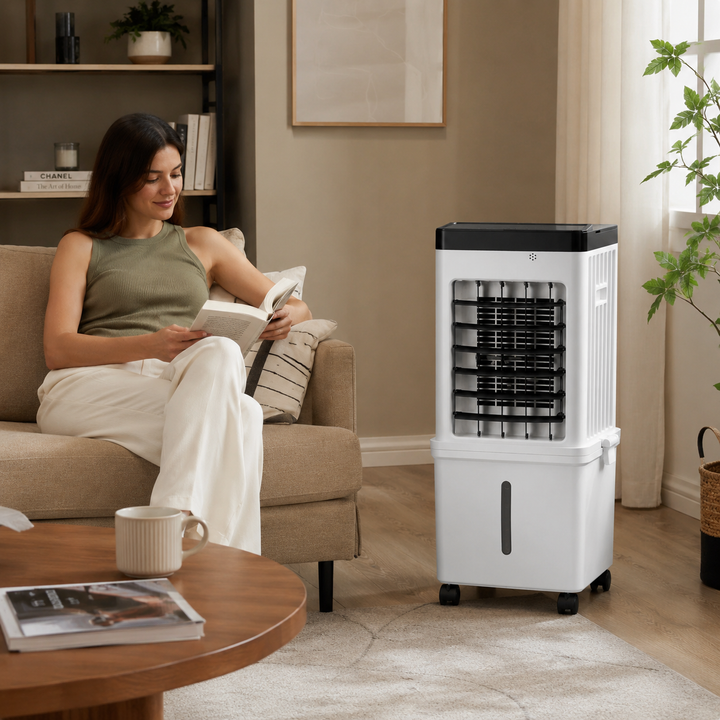 Portable evaporative cooler with 12-hour timer, ideal for home & office. Provides personal cooling & air humidification.