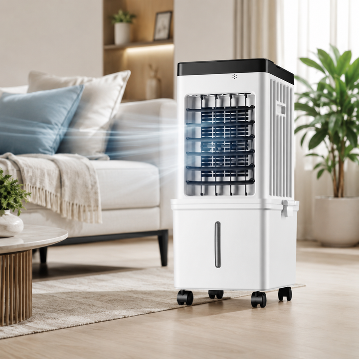 Compact evaporative swamp cooler for home cooling. Features a 12-hour timer for refreshing personal comfort this summer.