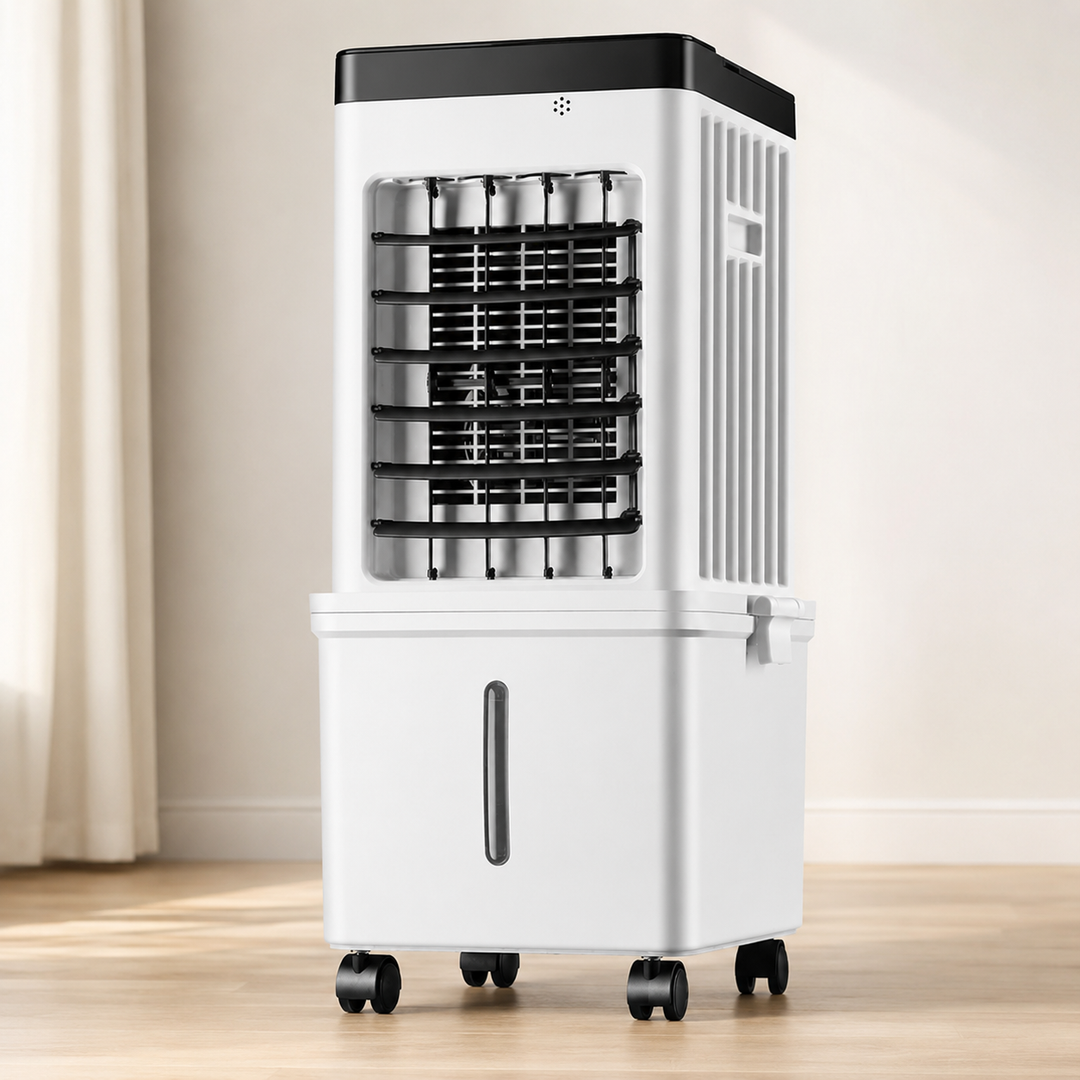 Sleek portable room cooler & air humidifier with 12-hour timer. Efficient evaporative cooling for any home space.