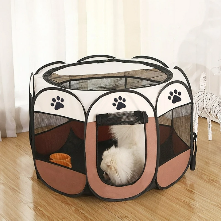 Portable foldable dog play tent for pets, suitable as an indoor/outdoor playpen or cozy haven for puppies.