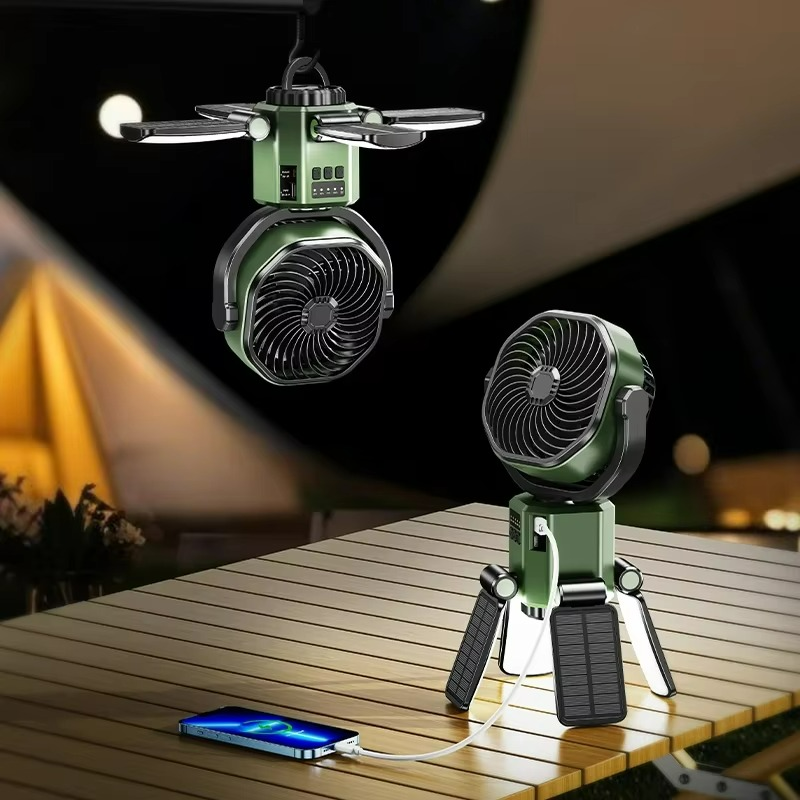 Portable green solar camping fan with bright LED light for tent & outdoor use. Rechargeable & compact travel gear.
