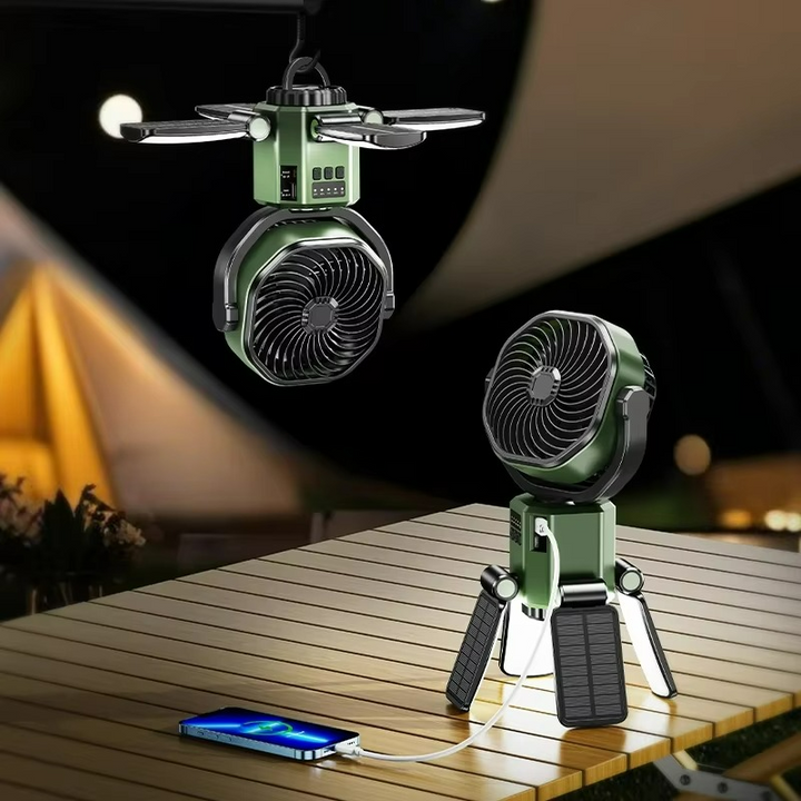 Portable green solar camping fan with bright LED light for tent & outdoor use. Rechargeable & compact travel gear.