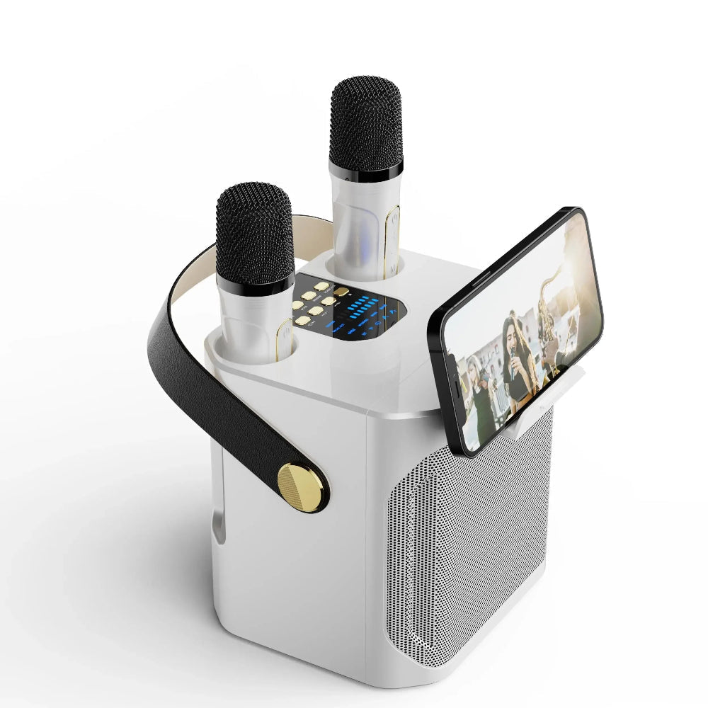 Portable Karaoke System with dual wireless mics & surround sound, perfect Bluetooth party speaker for music and entertainment.