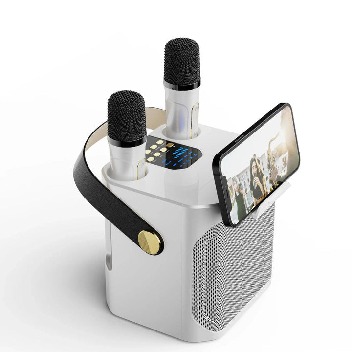 Portable Karaoke System with dual wireless mics & surround sound, perfect Bluetooth party speaker for music and entertainment.