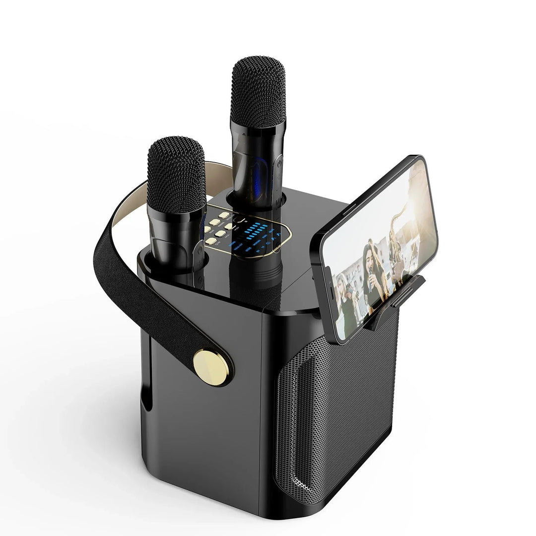 Sleek portable karaoke speaker with two wireless mics for duet singing. Great Bluetooth entertainment audio gift.