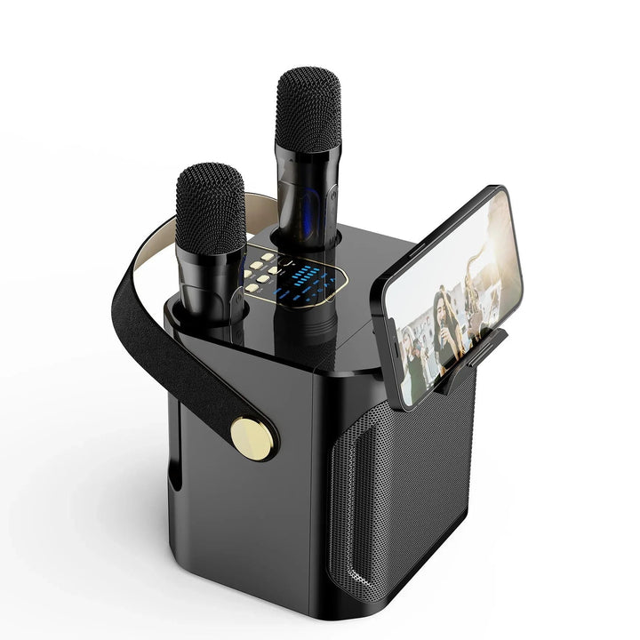 Sleek portable karaoke speaker with two wireless mics for duet singing. Great Bluetooth entertainment audio gift.