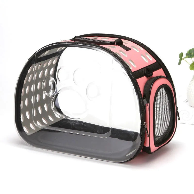 Secure pet car carrier for small animals, featuring a large viewing window for ventilation and pet visibility during travel.
