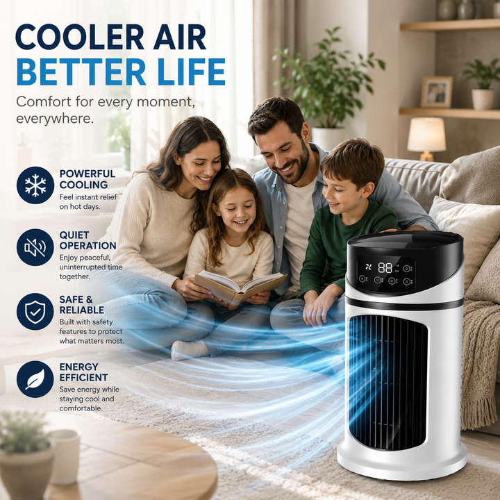 Compact portable air conditioner, ideal for bedroom, home office, or small rooms.
