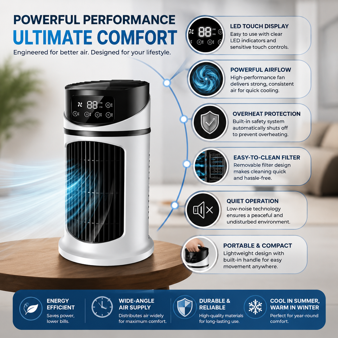 Easy-to-move portable cooling solution for personal comfort in any room, energy-efficient.