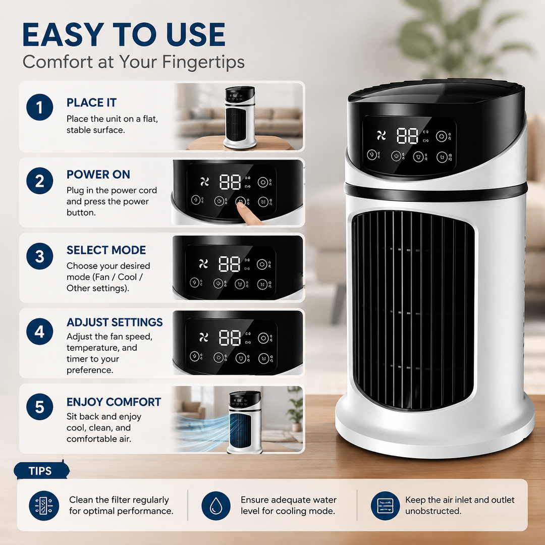 Compact portable AC unit delivers cool, refreshing air, perfect for bedroom summer comfort.