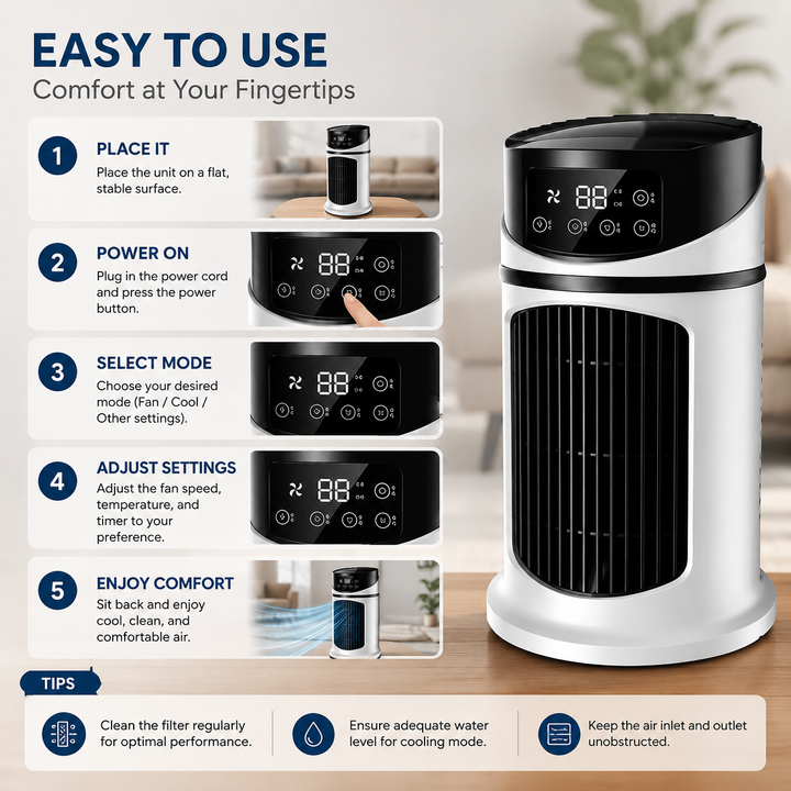 Compact portable AC unit delivers cool, refreshing air, perfect for bedroom summer comfort.