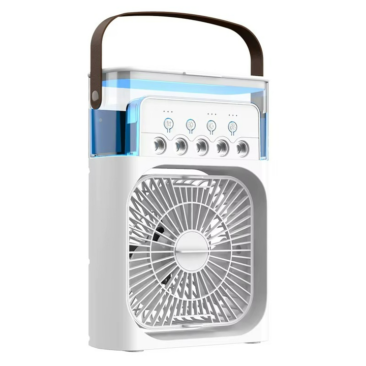 Portable USB Air Cooler with 3-in-1 fan, humidifier & LED light for personal summer cooling in home or office.